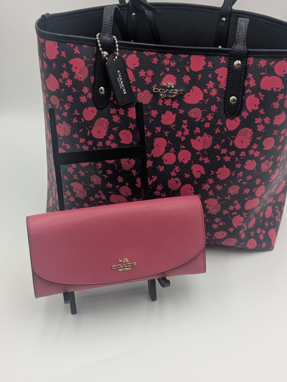 Coach Reversible Floral Tote Bag & Matching Wallet Blue Pink Leather Set